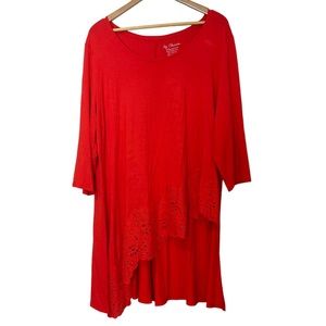 Chico's Lace Trim Tunic Size XL Asymmetrical Hem Red Orange Scoop Neck